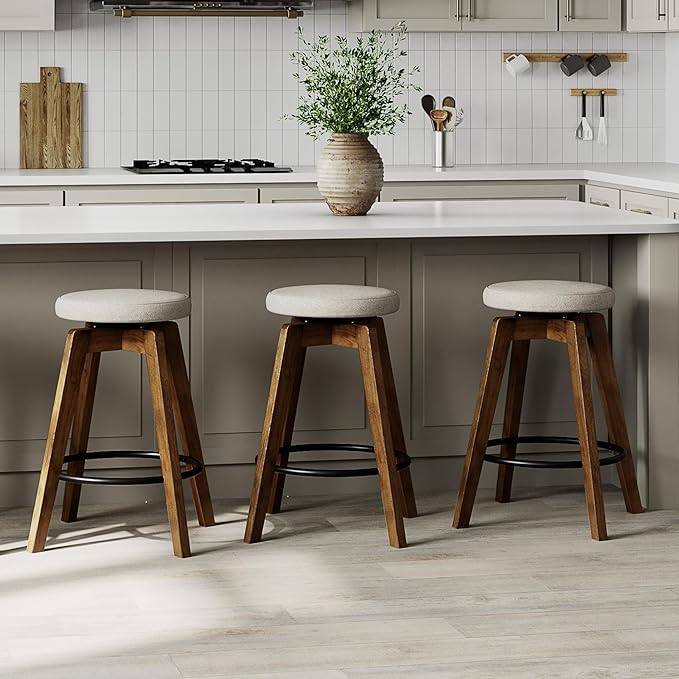 Thor Wicker Counter Height Wooden Counter Stool with Hand-Knitted Rope, K/D, Backless Island 24" Wicker Stool for Kitchen, Solid Wood (3, Swivel Counter Stool - Walnut)