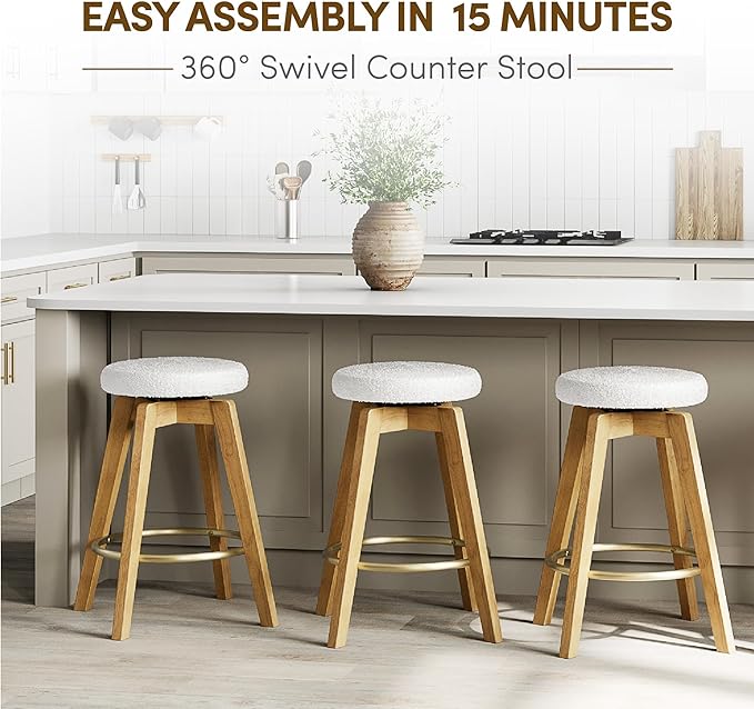 Swivel Premium Solid Wood Counter Stool 25", Set of 2, 360° Rotating Upholstered Cushion, Backless Bar Chair for Island, Pub, Kitchen, Dining Room (Light Oak)