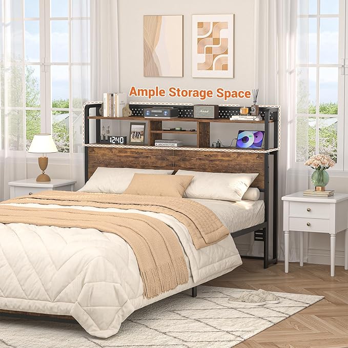 Unikito Headboard for Queen Size Bed with Storage Shelf, Head Board with 3 Outlets and 2 USB Ports, Headboards with RGB LED Light, Height Adjustable, Sturdy and Stable, Easy Assembly, Rustic Brown