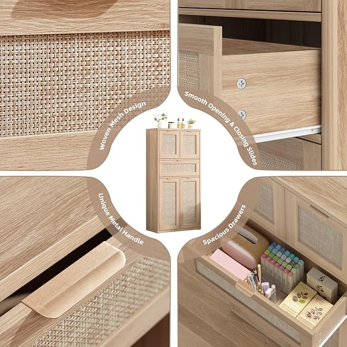 LEYAOYAO 48" Tall Storage Cabinet Set of 2,Rattan Bathroom Floor Cabinets with 4 Doors & 1Drawer,Boho Kitchen Pantry with Adjustable Shelves,Wooden Cupboard for Living Room,Home Office,Natural Wood