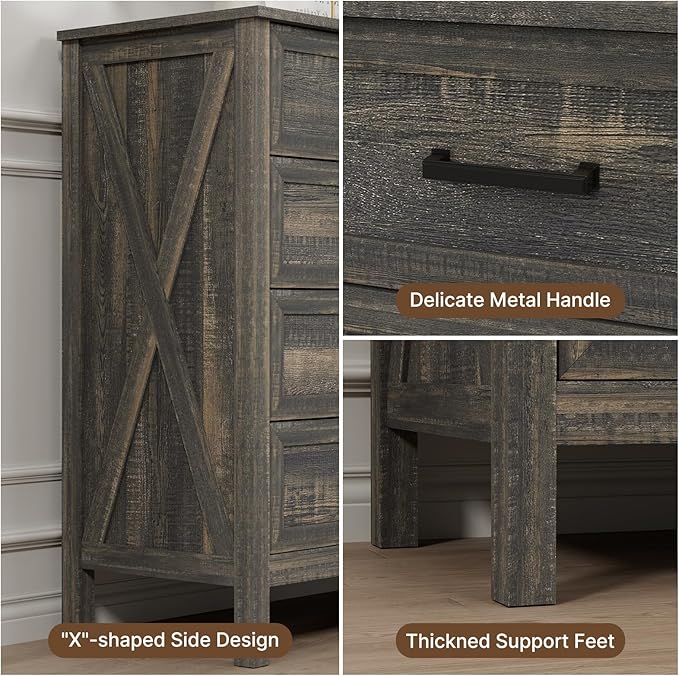 LYNSOM Farmhouse 8 Drawer Dresser for Bedroom, 55 Inch Wide Wood Rustic Chest of Drawers with X-Marking & Bar Handle, Large Storage Dressers Organizer for Bedroom, Living Room, Dark Rustic Oak
