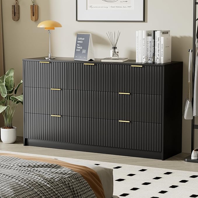 Black Dresser for Bedroom, Modern Dresser with 7 Drawers and Smooth Slides, Wide Chest of Drawers with Golden Handles for Bedroom, Living Room, Closet, 15.7" D x 55.1" W x 31.4" H