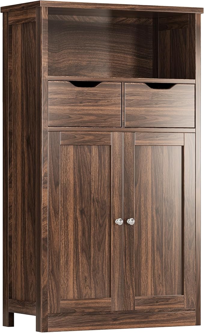 Shintenchi Floor Storage Cabinet, Bathroom Storage Organizer with Doors and Drawers, Freestanding Side Cupboard Pantry with Adjustable Shelf for Bathroom/Kitchen/Livingroom, Walnut