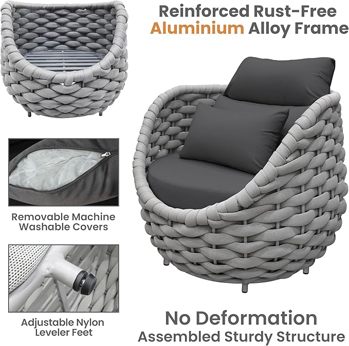 Aluminum Outdoor Patio Couch Set: 5 Pieces Woven Rope Porch Furniture Sofa Set Cushioned - Metal Modern Deck Conversation Set - All Weather Assembled Courtyard Seating for Backyard Pool Hotel