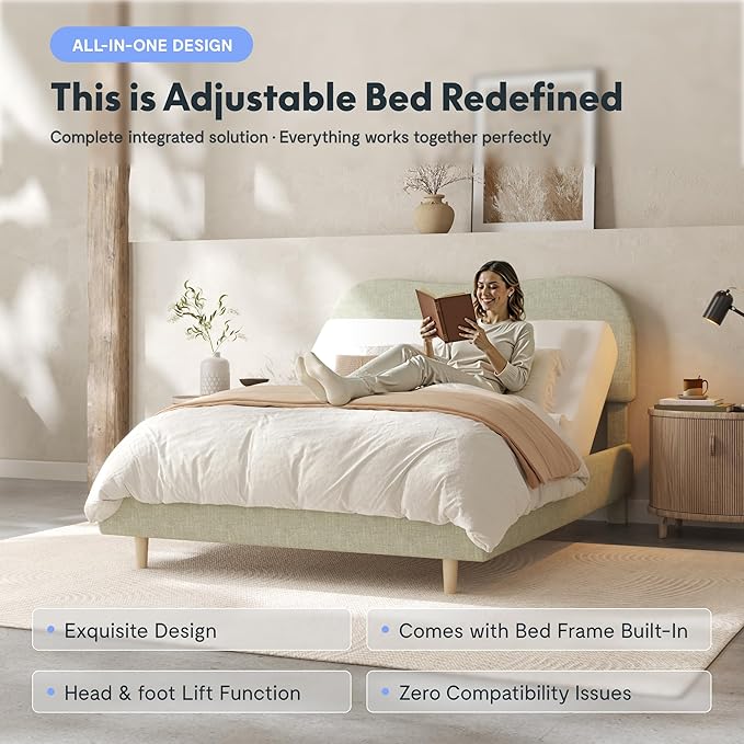 FLEXISPOT Queen All-in-One Adjustable Bed with 10" Gel Memory Foam Mattress, Linen Upholstered Bed Frame, Head & Foot Incline, Adjustable Headboard, 10-Year Warranty, Sage
