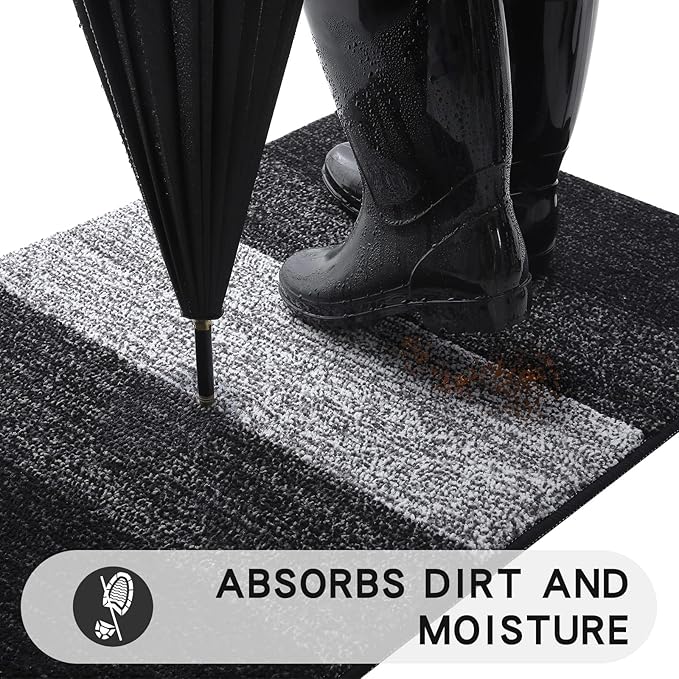 Kitinjoy Indoor Outdoor Door Mat, 47x20 Non-Slip Absorbent Dirt Trapper, Low-Profile Washable Inside Entrance Front Floor Mat, Sturdy Soft Entry Doormats for Entryway, Black