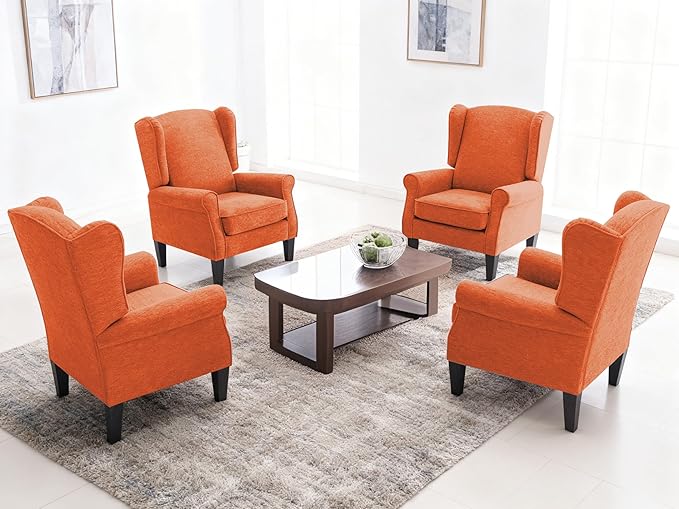 Accent Chair Set of 4, Modern Living Room Chairs with Wingback, Comfy Upholstered High Back Single Sofa for Bedroom, Mid-Century Reading Armchair Sillas para Sala