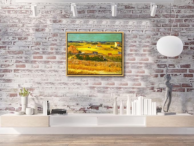 Wieco Art Framed Wall Art of Harvest at La Crau with Mont majour by Van Gogh Oil Paintings Reproduction Abstract Canvas Prints for Home Living Room Decorations Bronze Gold Frame