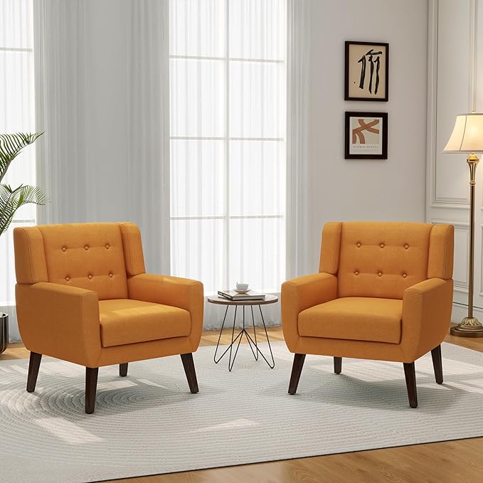 Accent Chair, Mid-Century Modern Fabric Chairs with Arms for Living Room, Comfy Upholstered Club Single Sofa Armchair for Bedroom Waiting Room with Solid Wood Frame (Fabric Orange, Set of 2)