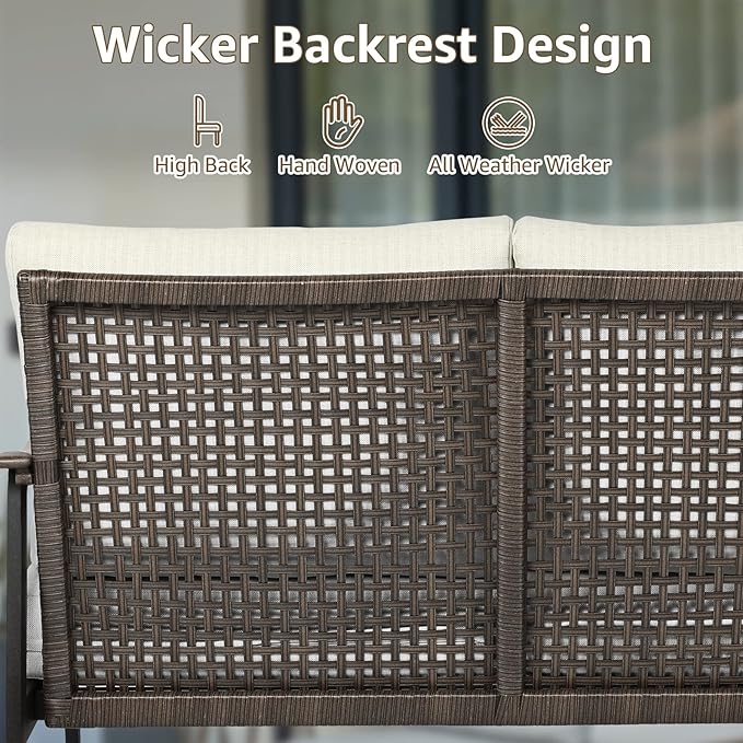 NATURAL EXPRESSIONS Patio Loveseat Sofa Outdoor Furniture Metal Chair with Wicker Backrest & 6 Inches Cushion for Indoor, Front Porch, Deck, Balcony, Backyard, 51.77"(L) x 29.75"(W) x 33.86"(H).