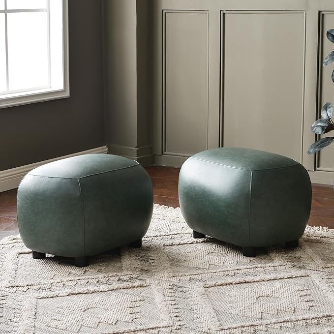 KINWELL 23" Wide Faux Leather Upholstered Ottoman Set of 2, Mid-Century Modern Living Room Footrest with Soft Padded Seat, Footstool for Bedroom, Entryway or Living Room, Green