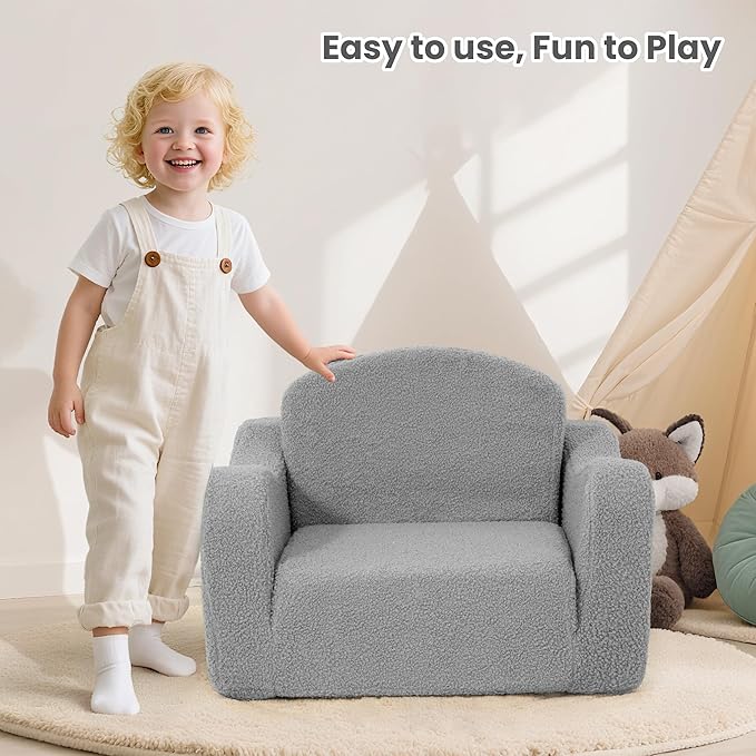 Comfy Toddler Chair & Kids, 2-in-1 Soft Couch Fold Out for Kids, Toddler Chairs Comfy 1-3 Years Old, Convertible Plush Sofa to Lounger for Girls and Boys,Light Grey