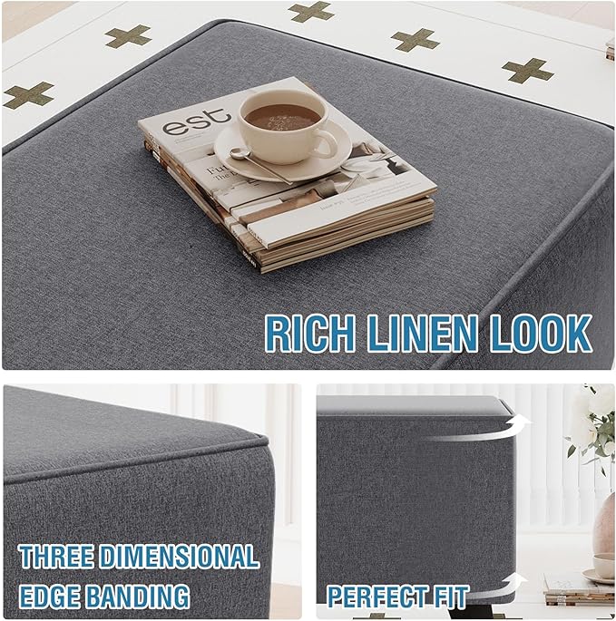 H.VERSAILTEX Ottoman Cover Slipcover Rectangle Fit Length 49"-50" Footrest Sofa Slipcovers Stool Cover Footstool Protector Covers Feature Thick Durable Linen Look Fabric Washable - Heather Grey