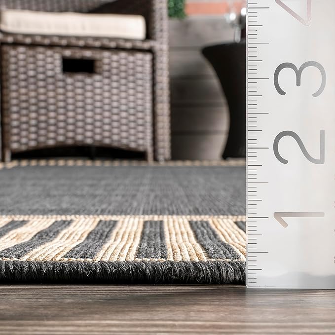 nuLOOM 6'7" Round Outdoor Area Rug, Casual Design With Striped Border, Stain Resistant, Highly Durable, For Patio, Balcony, Bedroom, Living Room, Dining Room, Bathroom, Dark Grey