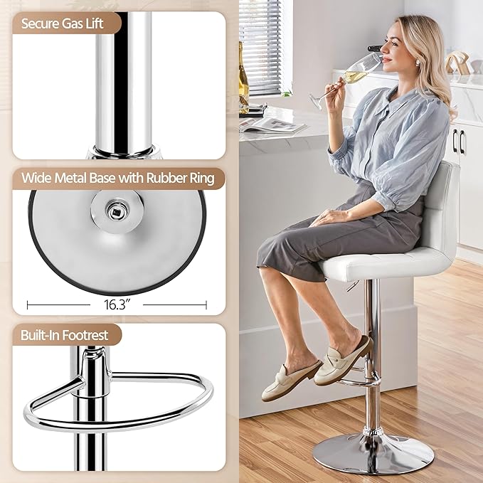Yaheetech Bar Stools Set of 2, PU Leather Adjustable Swivel Barstools, Armless Hydraulic Kitchen Counter Bar Stool, Kitchen Island Chairs Set of 2, White