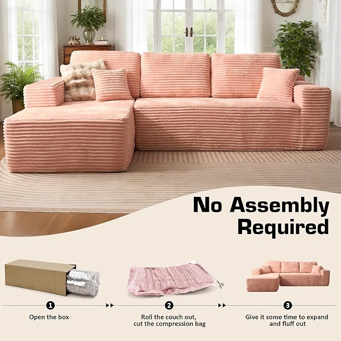 106" Cloud Sectional Couch with L-Shape Chaise, No Assembly Modular Sofa, Deep Seat Plush Corduroy Boneless Couched for Living Room (Pink Plush Corduroy, Left Facing Chaise)
