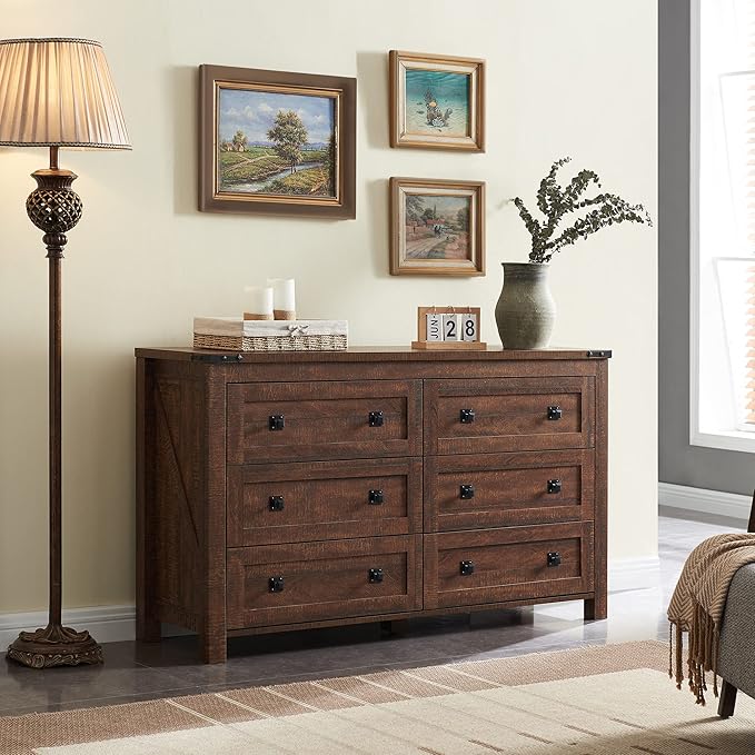 T4TREAM Farmhouse 6 Drawers Dresser for Bedroom, Wood Rustic Wide Chest of Drawers, Storage Dressers Organizer for Bedroom, Living Room, Hallway, Reclaimed Barnwood Color