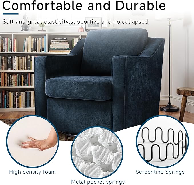 Pia Ricco 360° Swivel Accent Chair, Plush Oversized Chenille Fabric Armchair with Removable Cover for Living Room and Reception,Grey Blue