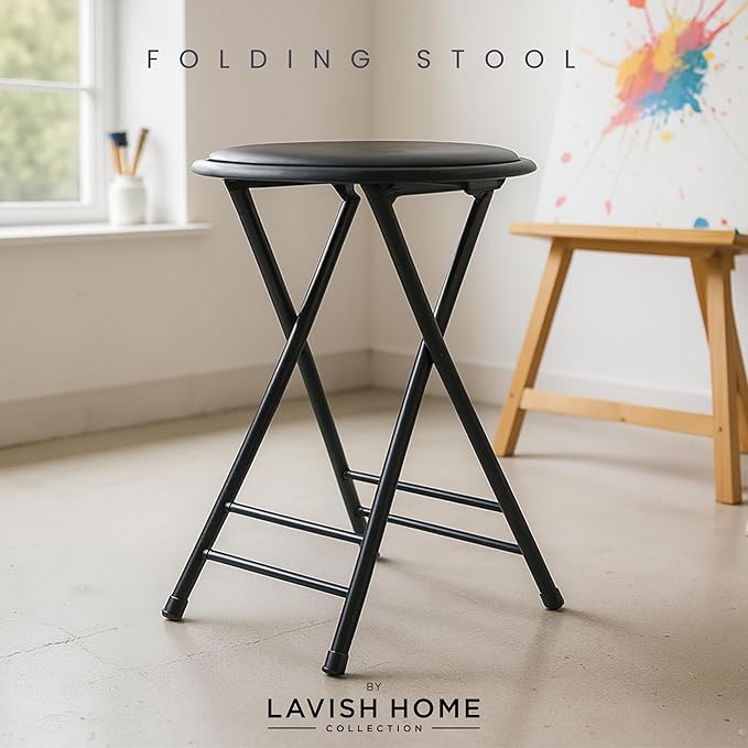 Folding Stool - Backless 24-Inch Stool with 225lb Capacity for Kitchen or Rec Room - Portable Indoor Counter Bar Stools by Lavish Home (Black)