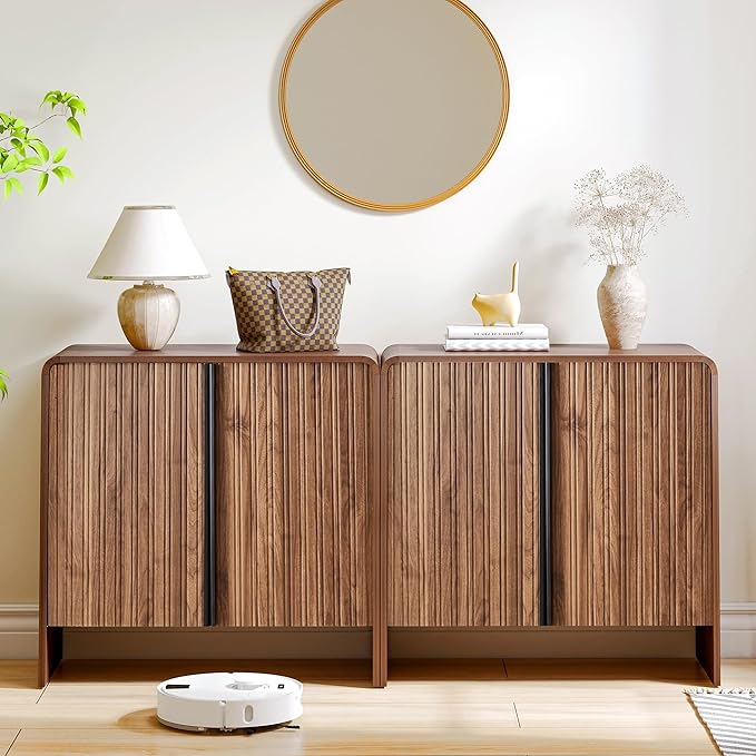 BERRYMERRY 2 Door Fluted Sideboard Buffet Cabinet with Storage, Modern Wood Cabinet with Adjustable Shelves for Living Room, Dining Room (Brown 2 Doors)