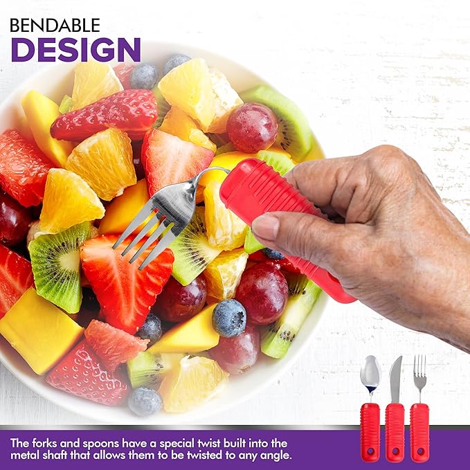 3 Piece Super Easy Grip Red Flatware Set - Bendable Built Up Large Fork, Knife, and Spoon - Red