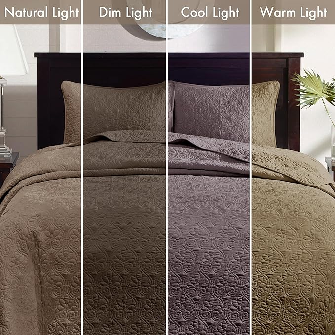 Madison Park Quebec Reversible Damask Design, Double Sided Quilting All Season, Lightweight Coverlet Bedspread Bedding Set, Matching-Shams, Queen(102"x118"), Mocha