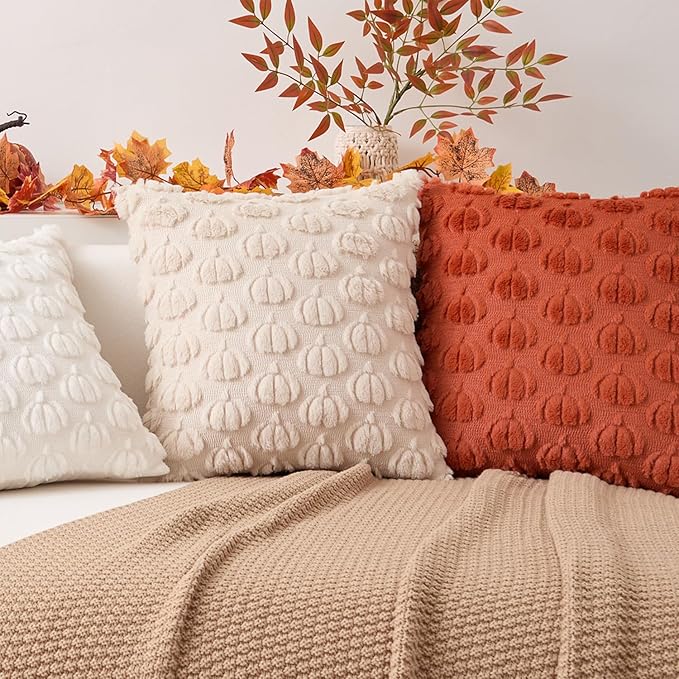 Kevin Textile Fall Pumpkins Pillow Covers 18x18 Inch Set of 2 Cute Autumn Decorative Square Pillowcases Soft Faux Fur Cushions Harvest Gift for Couch Sofa Chair Bedroom Home Decor, Cream White