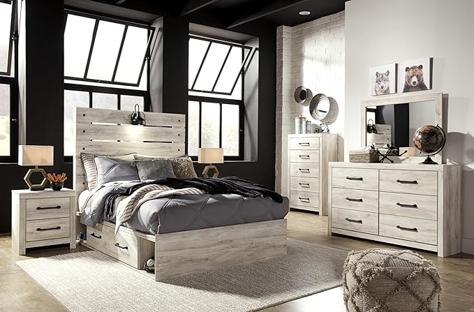 Signature Design by Ashley Cambeck Farmhouse Full Panel Platform Bed with 4 Storage Drawers, Sconce Light and USB Ports, Foundation or Box Spring Not Needed, Whitewash