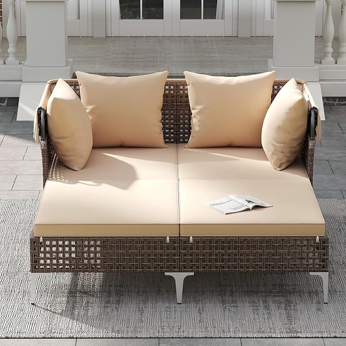 HAPPYGRILL Outdoor Daybed with Retractable Canopy, PE Wicker Rattan Patio Double Chaise Lounger with Cushions, Outside Sunbed Furniture for Garden, Poolside and Backyard (Beige)
