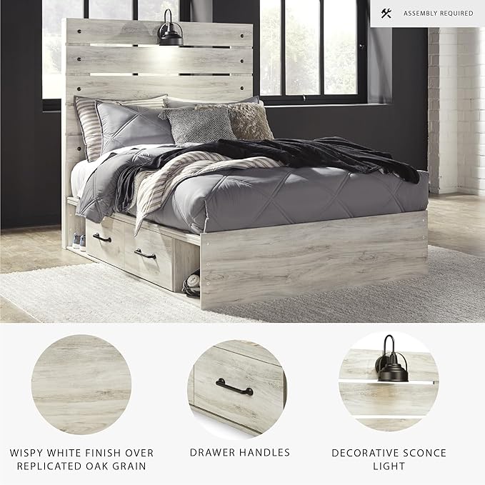 Signature Design by Ashley Cambeck Farmhouse Full Panel Platform Bed with 4 Storage Drawers, Sconce Light and USB Ports, Foundation or Box Spring Not Needed, Whitewash