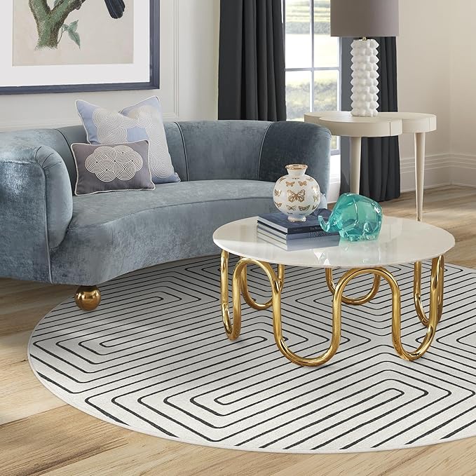 RUGGABLE x Jonathan Adler Machine Washable Area Rug – Labyrinth Black/Ivory 6 ft Round, Stain-Resistant, Non-Slip – Medium Rugs for Living Room, Bedroom, Hallway, Entryway & Office–with Cushioned Pad