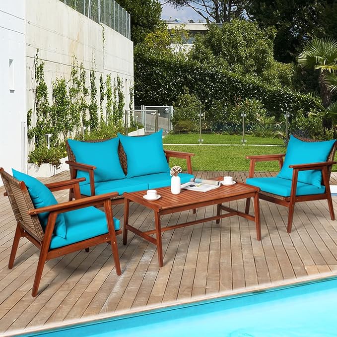 COSTWAY 4 Pieces Acacia Wood Patio Conversation Set, Outdoor Wicker Sofa with Coffee Table & Cushions, Patio Rattan Furniture Set for Yard, Porch, Poolside, Balcony, Backyard, Turquoise