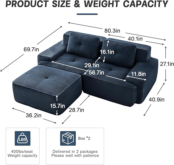 80.3” Blue Boneless Couches for Living Room, Modular Sectional Sofa with L-Shape Chaise, 2 Seater Comfy Upholstered Loveseat Deep Seat Corduroy Fabric Cloud Couch No Assembly, Anti-Slip Design