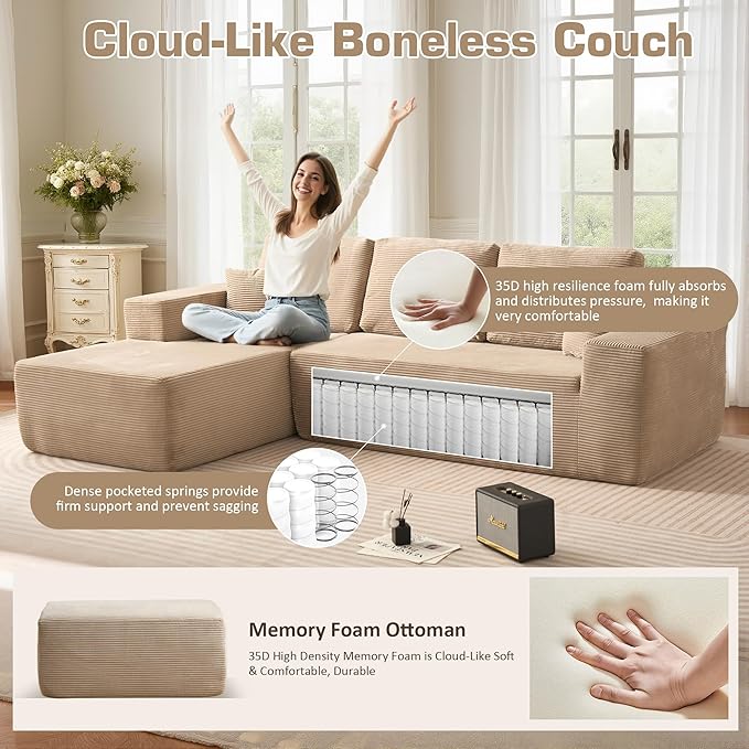 106" Cloud Sectional Couch with L-Shape Chaise & Ottoman, No Assembly Modular Sofa, Deep Seat Corduroy Boneless Couched for Living Room (Camel Stripe Corduroy, Left Facing Chaise with Ottoman)