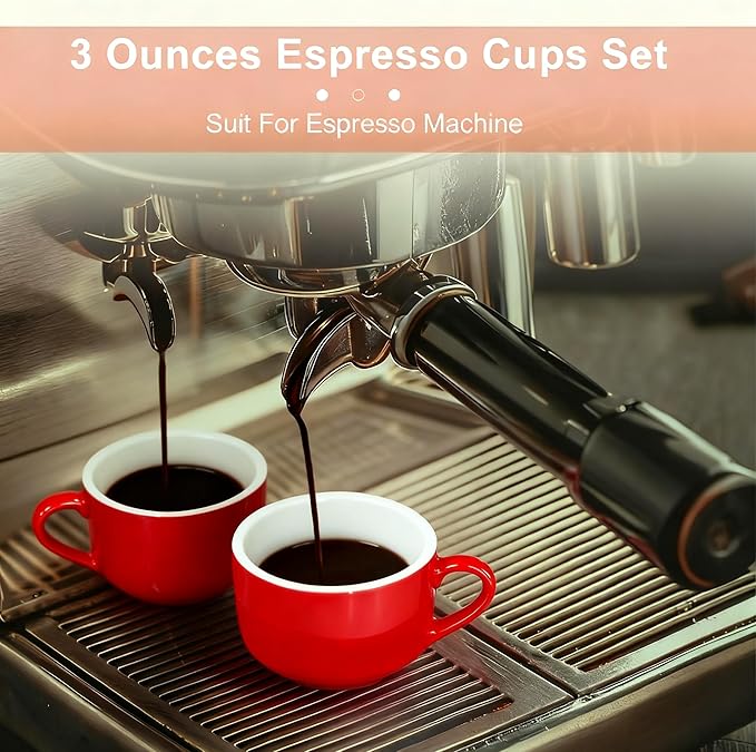 3 Ounce Espresso Cups Set of 4, Stackable Demitasse Mugs, Includes Display Stand, Cups Saucers, and Spoons, for Machines & Home Use, Red, Gold Tone