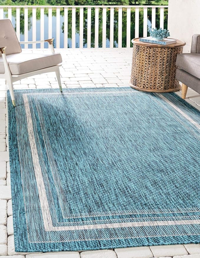 Unique Loom Outdoor Border Collection Area Rug - Soft Border (9' x 12' Rectangle, Teal/ Ivory)