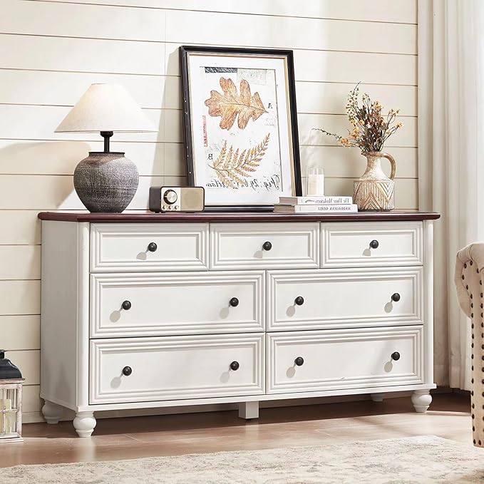 7 Drawers Dresser for Bedroom, Farmhouse 54" Wide Wood Dressers Chest of Drawers, Vintage Design TV Stand, Rustic Storage Dresser Organizer with Metal Handle Closet for Living Room, Hallway