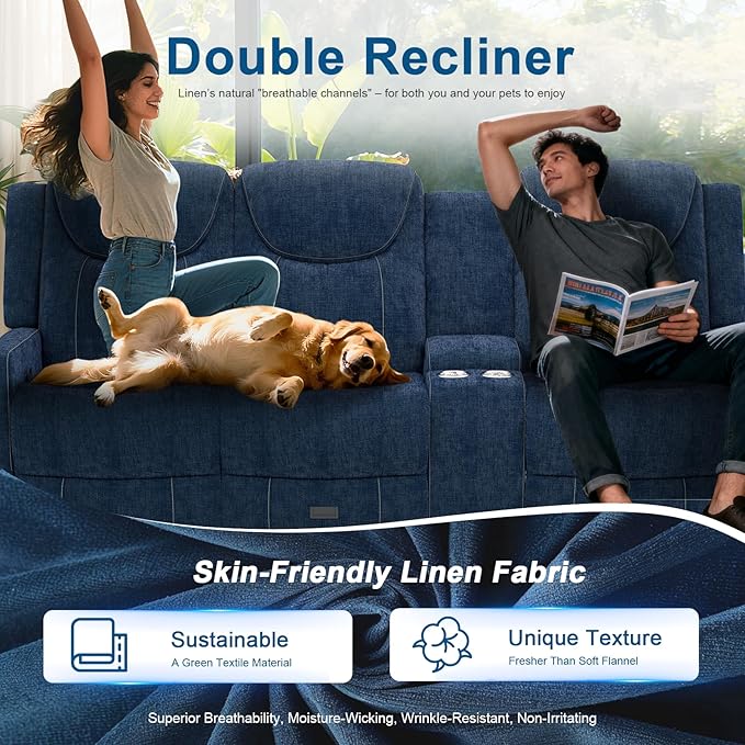 Recliner Sofa, 2 - Way Multi - Function Manual 3 Seater Couch with Cup Holders, Storage & USB Ports, Modern Multifunctional Sofa, Cloud-Like Blue Fabric Reclining Couch for Living Room