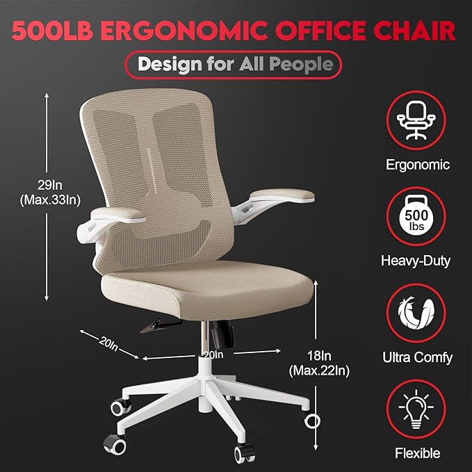 Ergonomic Office Chair - 400LB Comfy Desk Chairs with Adjustable Headrest and Lumbar Back Support, Mesh Computer Chairs with Wheels and Arms for Home Office, Study, Bedroom and Dorm (03khaki)