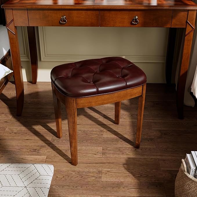 MODERION Vanity Stool Bench with Upholstered, Modern Luxury Wood Stool ,Ottoman Shoe Bench for Living Room, Vanity, Entryway, 19.3"L x 14.9"W x 19.3"H Easy Assembly, Beeswax Leg & Wine Red FD-HNY-WR