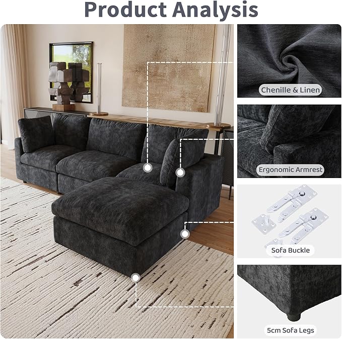 WJShome Cloud Couch Modular Sectional Sofa, 134" U Shaped Couch for Livingroom, Oversized Convertible Wide Seater with 2 Ottomans Living Room Set, Covers Washable&Replaceable,Black