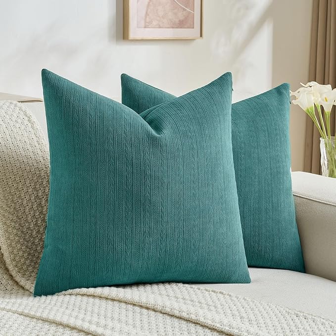 FUTEI Teal Decorative Throw Pillow Covers 16x16 Inch Set of 2,Soft Cozy Wheat Ear Striped Patterns Cushion Cases,Modern Home Decor for Couch Bed Living Room