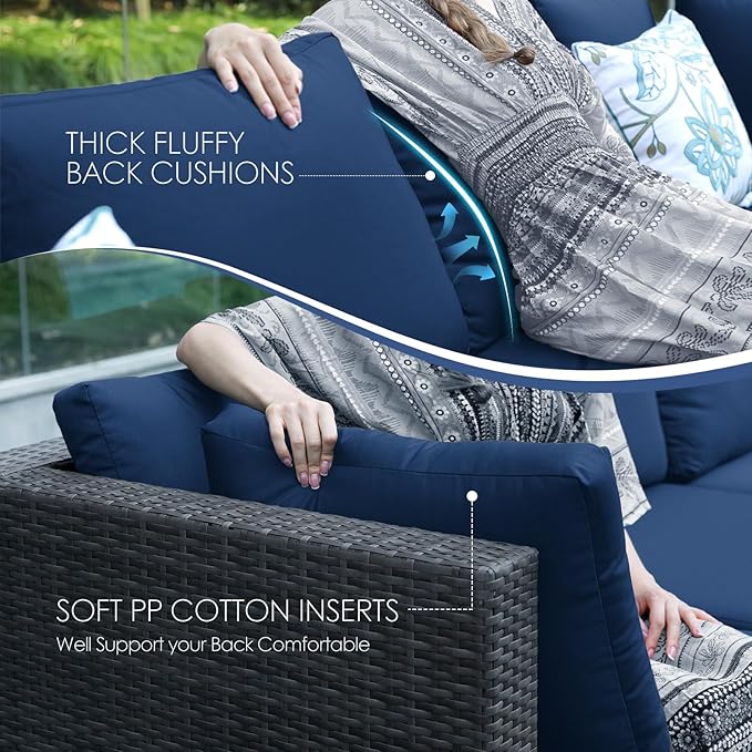 NICESOUL Extra Large 9 Pcs Outdoor Patio Furniture Set with Fireplace Natural Gas/Propane, 29.3'' High Back Modular Sectional Sofas, Modern Conversations for Outside, 2 Color Cushion Royal Blue &Grey