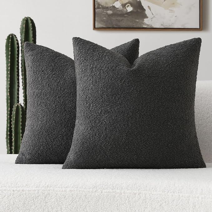 FUTEI Pack of 2 Dark Grey Decorative Throw Pillow Covers 20x20 Inch Soft Cozy Solid Boucle Textured Cushion Case,Modern Home Decor for Couch Bed Living Room