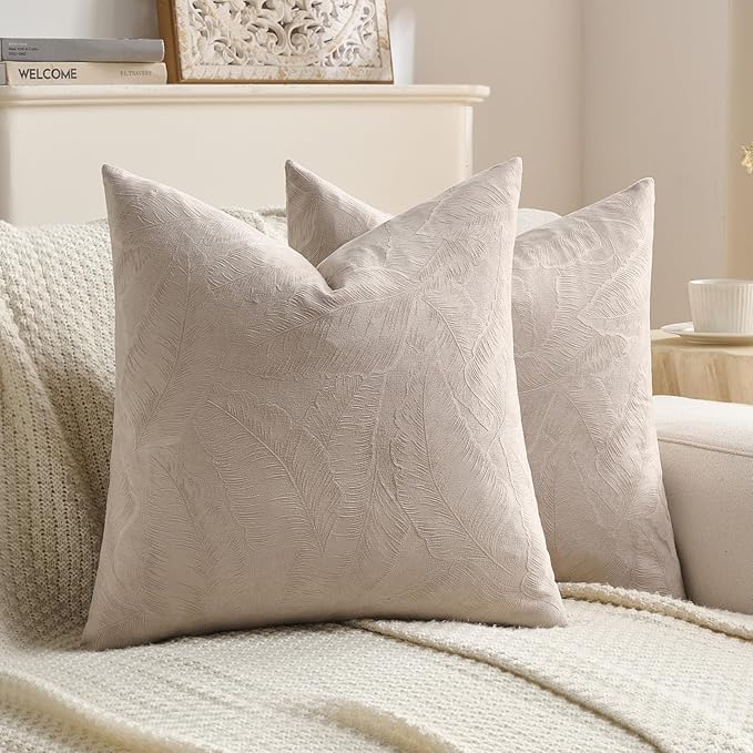 FUTEI Oatmeal Velvet Throw Pillow Covers 20x20 Inch Set of 2,Soft Embossed Leaf-Relief Textured Cushion Cases,Natural Home Decor for Couch Living Room
