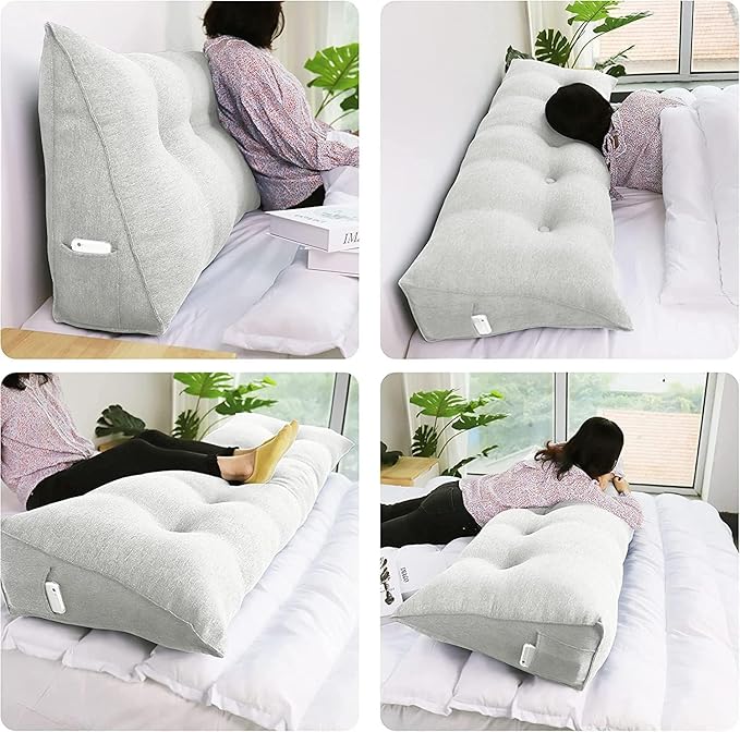 WOWMAX Triangular Headboard Pillow Bed Wedge Pillow for Headboard Full Size Wedge Pillow Headboard for Daybed Bunk Bed Large Bolster Pillow for Bed with Removable Cover, Grey-Beige