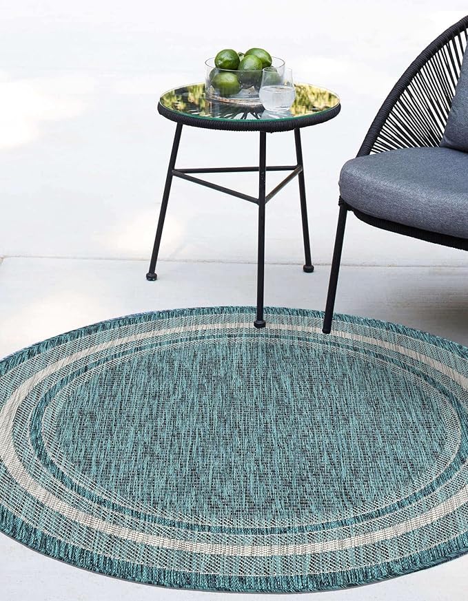 Unique Loom Outdoor Border Collection Area Rug - Soft Border (7' 10" Round, Teal/ Ivory)