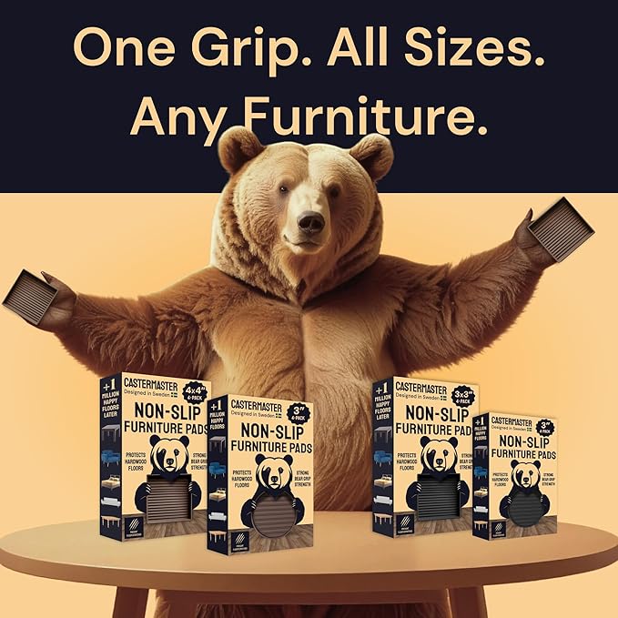CasterMaster Non Slip Furniture Pads for Hardwood Floors - 3x3 Black Round Caster Cups - Rubber Feet for Furniture - Anti Slip Couch Stoppers to Prevent Sliding - Floor Protectors (Set of 4)