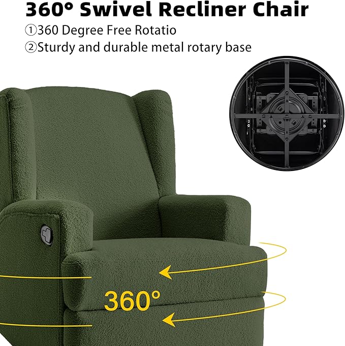 Boucle Swivel Glider Recliner Chair for Adults - Plush High Back Rocker with Deep Seat, Manual Reclining Upholstered Armchair for Living Room or Nursery, Textured Fabric Accent Chair-Green