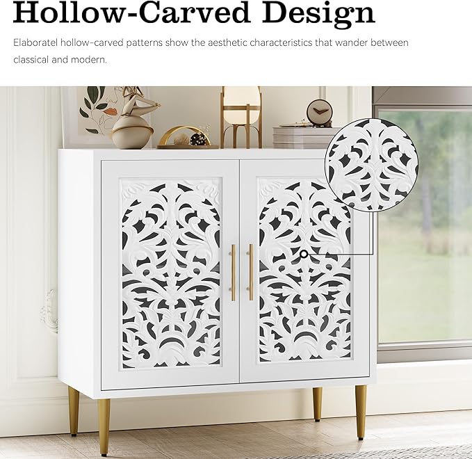 ARTPOWER Accent Cabinet with 2 Doors, Vintage Hollow Carving Buffet Cabinet, Sideboards and Buffets with Storage, Credenza for Living Room, Kitchen, Dining Room, Entryway, Hallway, White